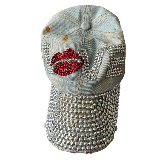 Accessories - Y2K LOVE Rhinestone Lip Denim Baseball Cap Light Wash Distressed Hat McBling